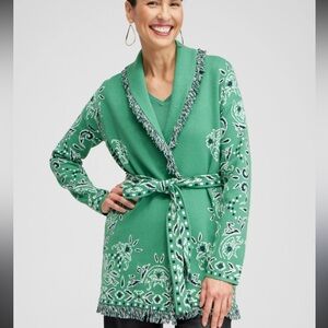 Chicos Fringe Bandana Printed Belted Cardigan Green Ivy Chicos 0/ Women’s S